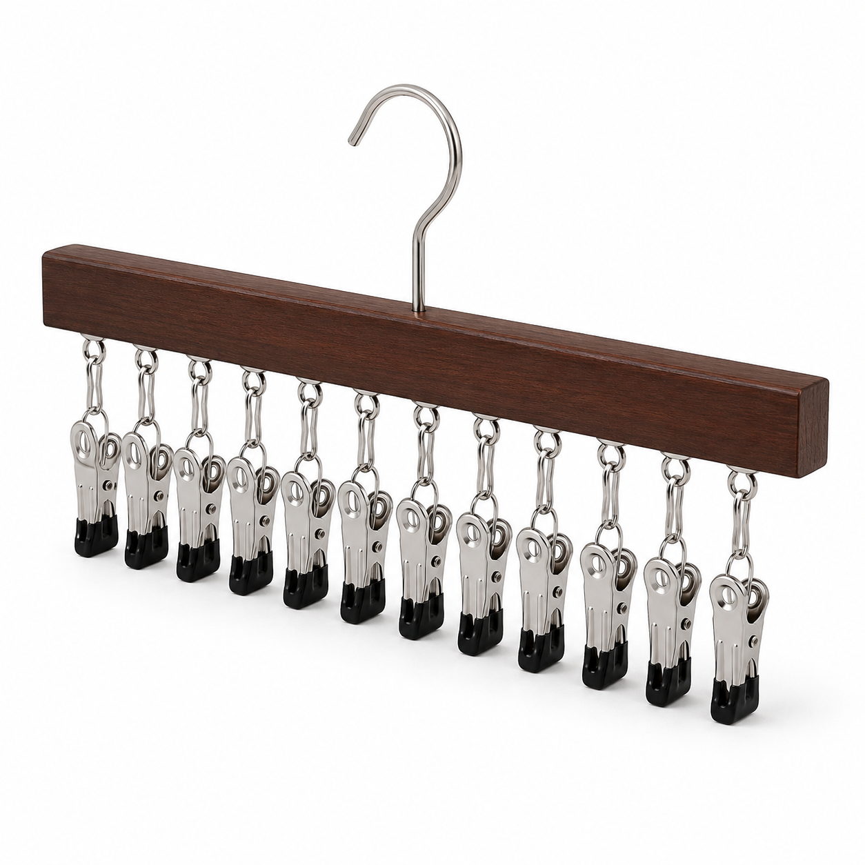 ⏳Last Day 50% OFF⏳-- ✅Multi-Purpose Wooden Closet Organizer – 12 Stainless Steel Clips for Hats, Clothes, Pants, Jeans, Leggings, Ties, Scarves, Belts & More, Maximize Closet Space