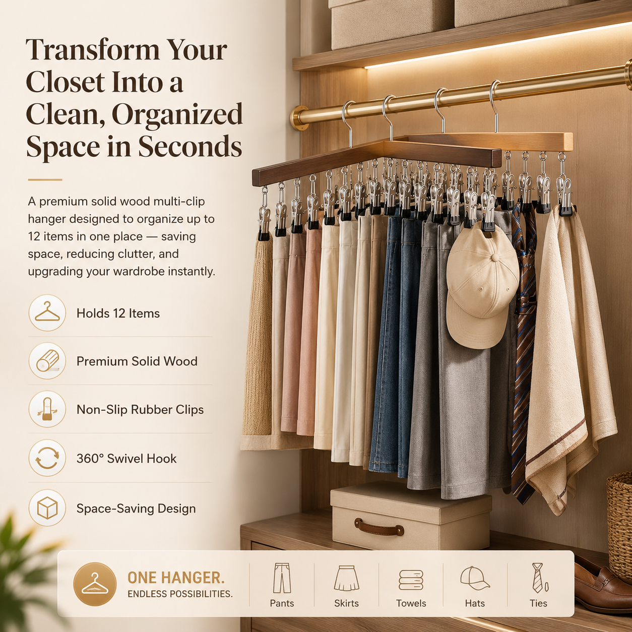 ⏳Last Day 50% OFF⏳-- ✅Multi-Purpose Wooden Closet Organizer – 12 Stainless Steel Clips for Hats, Clothes, Pants, Jeans, Leggings, Ties, Scarves, Belts & More, Maximize Closet Space
