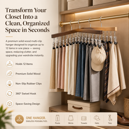 ⏳Last Day 50% OFF⏳-- ✅Multi-Purpose Wooden Closet Organizer – 12 Stainless Steel Clips for Hats, Clothes, Pants, Jeans, Leggings, Ties, Scarves, Belts & More, Maximize Closet Space