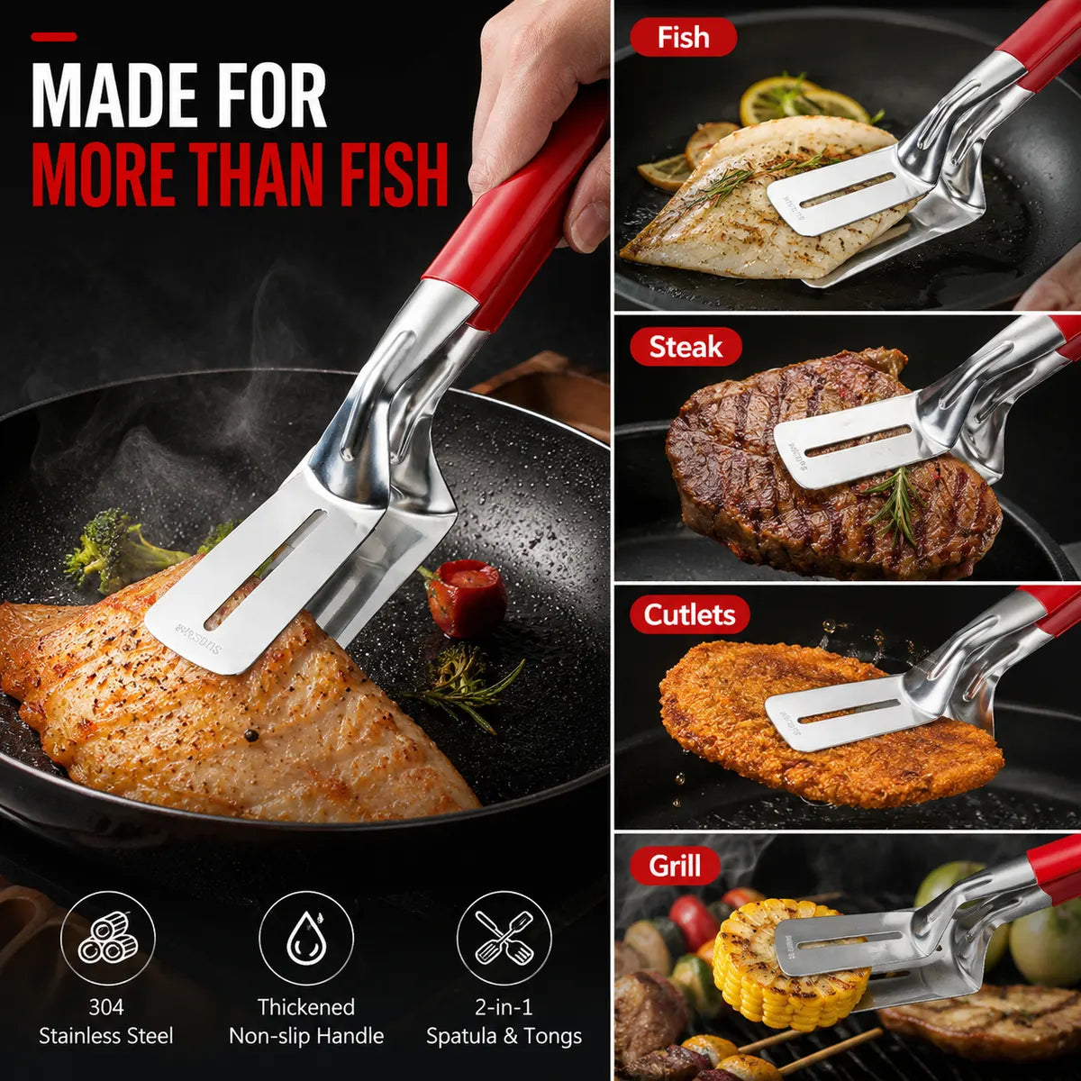 Multi-Functional Stainless Steel Steak Spatula Clamp, Kitchen Cooking Tongs for Fried Steak, Grill & Frying Pan Use