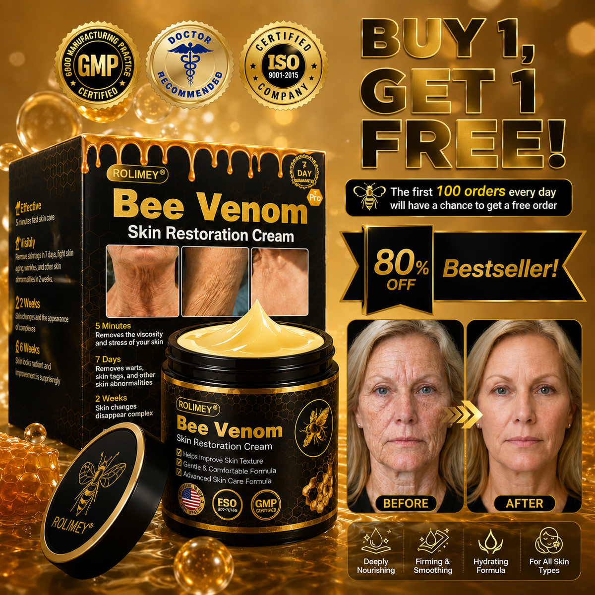 💎Official Brand Black & Gold Upgraded Edition丨Rolimey® Bee venom Pro Comprehensive Cream —Tightening for Skin Types