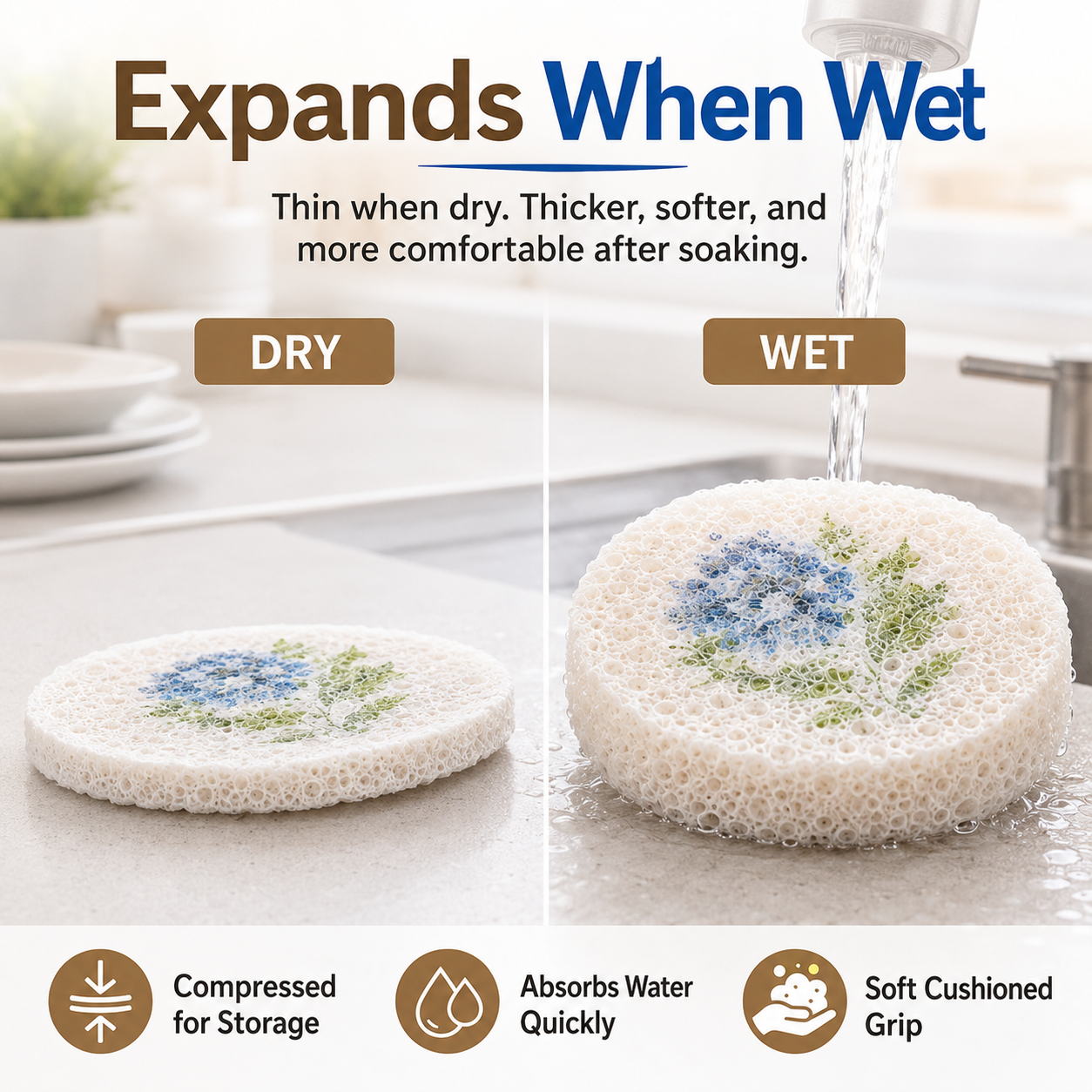 🔥 Limited Time: Buy More, Get More FREE - Wood-Based Eco-Friendly Cellulose Scrubber Pads - Scratch Free, Thickened Soft, High-Absorbency Expandable Foam Floral, 2026 Cute Home Care Cleaning Tools for Kitchen & Bathroom, Scratch Free Sponges, Scrubber Pad
