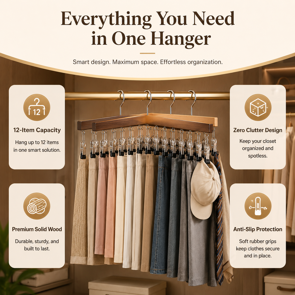 ⏳Last Day 50% OFF⏳-- ✅Multi-Purpose Wooden Closet Organizer – 12 Stainless Steel Clips for Hats, Clothes, Pants, Jeans, Leggings, Ties, Scarves, Belts & More, Maximize Closet Space