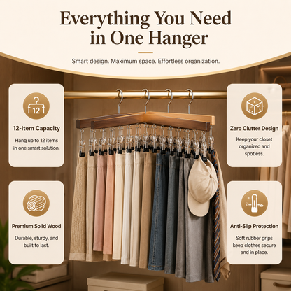 ⏳Last Day 50% OFF⏳-- ✅Multi-Purpose Wooden Closet Organizer – 12 Stainless Steel Clips for Hats, Clothes, Pants, Jeans, Leggings, Ties, Scarves, Belts & More, Maximize Closet Space