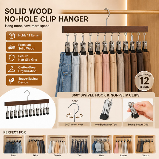 ⏳Last Day 50% OFF⏳-- ✅Multi-Purpose Wooden Closet Organizer – 12 Stainless Steel Clips for Hats, Clothes, Pants, Jeans, Leggings, Ties, Scarves, Belts & More, Maximize Closet Space