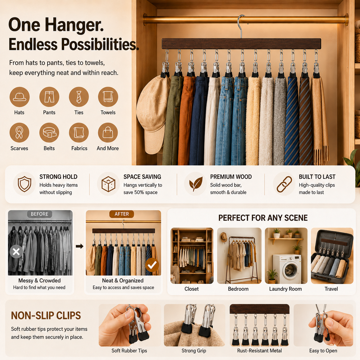 ⏳Last Day 50% OFF⏳-- ✅Multi-Purpose Wooden Closet Organizer – 12 Stainless Steel Clips for Hats, Clothes, Pants, Jeans, Leggings, Ties, Scarves, Belts & More, Maximize Closet Space