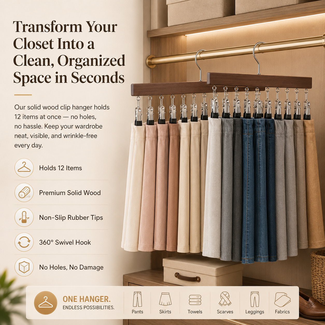 ⏳Last Day 50% OFF⏳-- ✅Multi-Purpose Wooden Closet Organizer – 12 Stainless Steel Clips for Hats, Clothes, Pants, Jeans, Leggings, Ties, Scarves, Belts & More, Maximize Closet Space