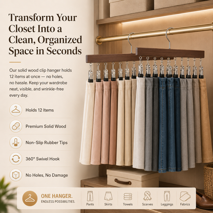 ⏳Last Day 50% OFF⏳-- ✅Multi-Purpose Wooden Closet Organizer – 12 Stainless Steel Clips for Hats, Clothes, Pants, Jeans, Leggings, Ties, Scarves, Belts & More, Maximize Closet Space