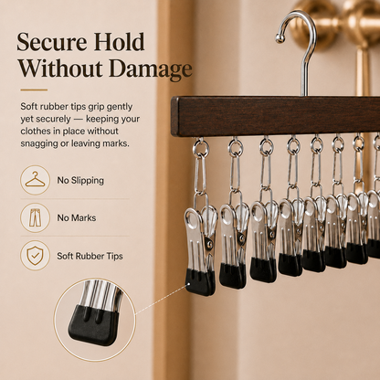 ⏳Last Day 50% OFF⏳-- ✅Multi-Purpose Wooden Closet Organizer – 12 Stainless Steel Clips for Hats, Clothes, Pants, Jeans, Leggings, Ties, Scarves, Belts & More, Maximize Closet Space