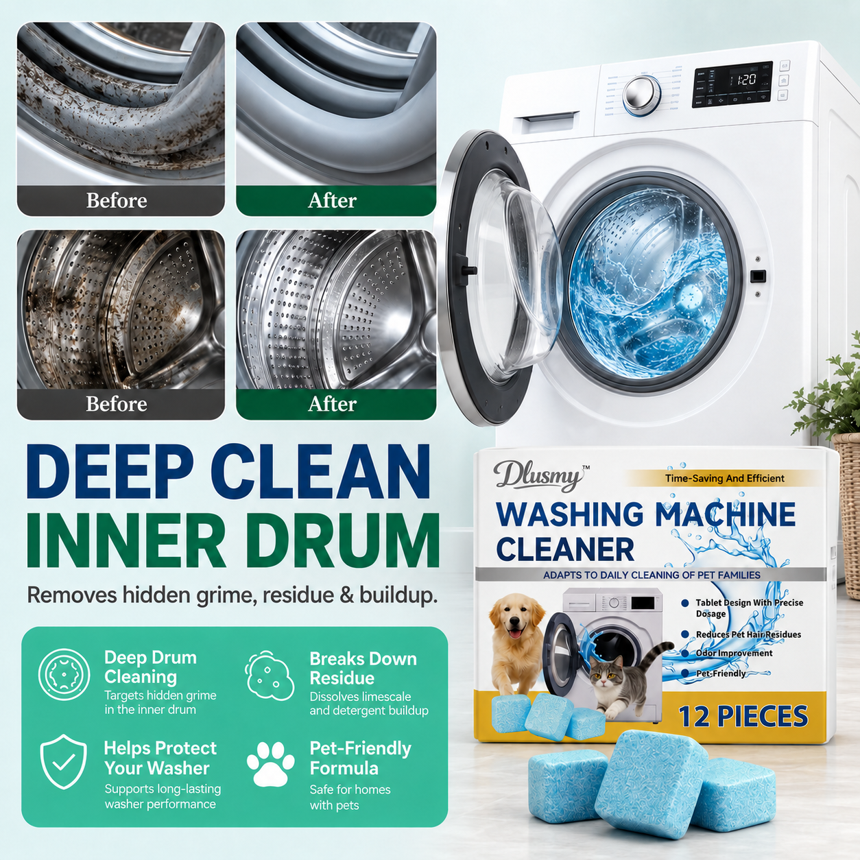 🐕 Pet-Friendly Washing Machine Cleaner Tablets – Deep Clean, Deodorize & Remove Hidden Buildup.