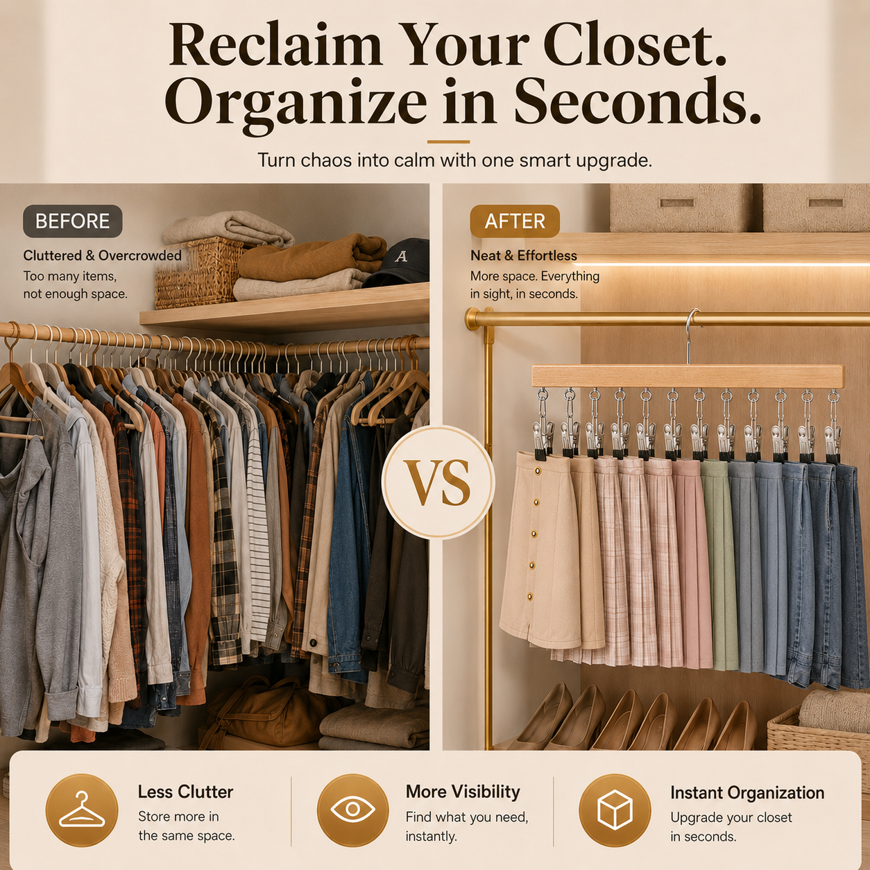 ⏳Last Day 50% OFF⏳-- ✅Multi-Purpose Wooden Closet Organizer – 12 Stainless Steel Clips for Hats, Clothes, Pants, Jeans, Leggings, Ties, Scarves, Belts & More, Maximize Closet Space
