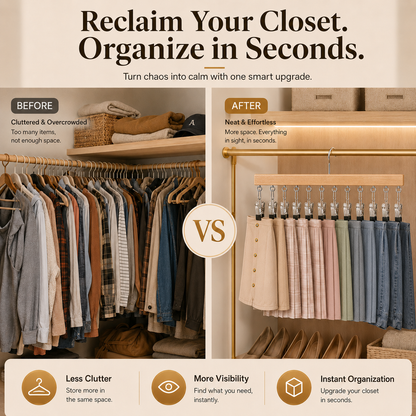 ⏳Last Day 50% OFF⏳-- ✅Multi-Purpose Wooden Closet Organizer – 12 Stainless Steel Clips for Hats, Clothes, Pants, Jeans, Leggings, Ties, Scarves, Belts & More, Maximize Closet Space