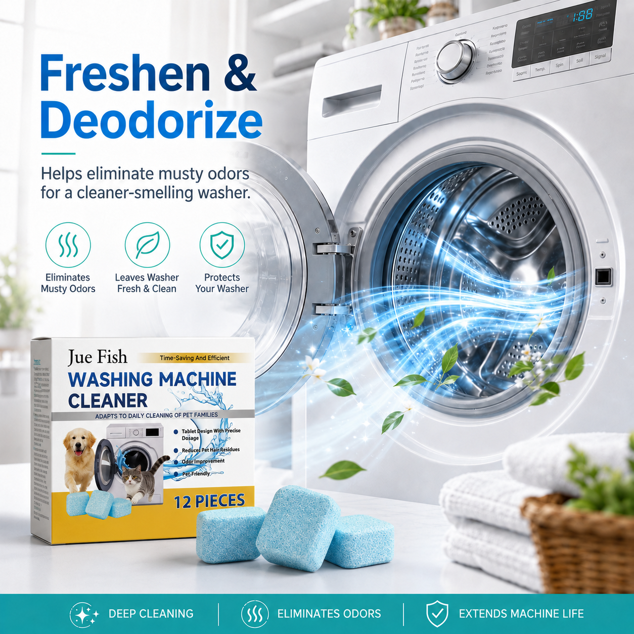 🔥Last Day 50% OFF🔥- Washing Machine Cleaner Tablets 12 pack pet safe eco friendly cleaning tablets neutralizes pet related odors deep cleans grime keeps washing machine fresh easy to use