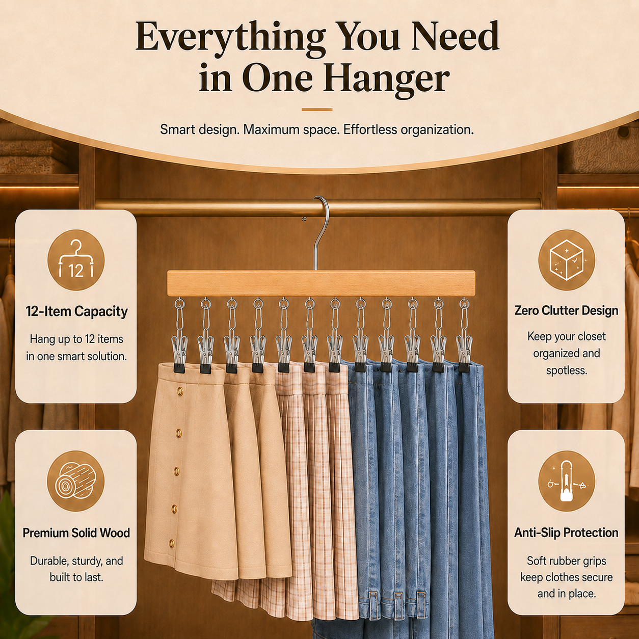 ⏳Last Day 50% OFF⏳-- ✅Multi-Purpose Wooden Closet Organizer – 12 Stainless Steel Clips for Hats, Clothes, Pants, Jeans, Leggings, Ties, Scarves, Belts & More, Maximize Closet Space