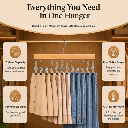 ⏳Last Day 50% OFF⏳-- ✅Multi-Purpose Wooden Closet Organizer – 12 Stainless Steel Clips for Hats, Clothes, Pants, Jeans, Leggings, Ties, Scarves, Belts & More, Maximize Closet Space