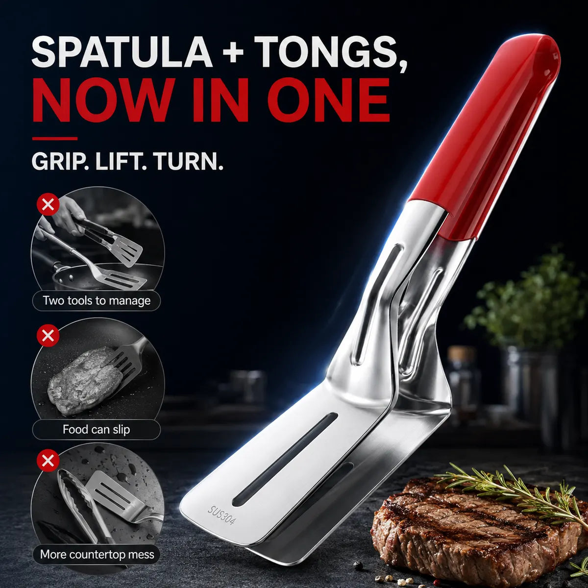 Multi-Functional Stainless Steel Steak Spatula Clamp, Kitchen Cooking Tongs for Fried Steak, Grill & Frying Pan Use