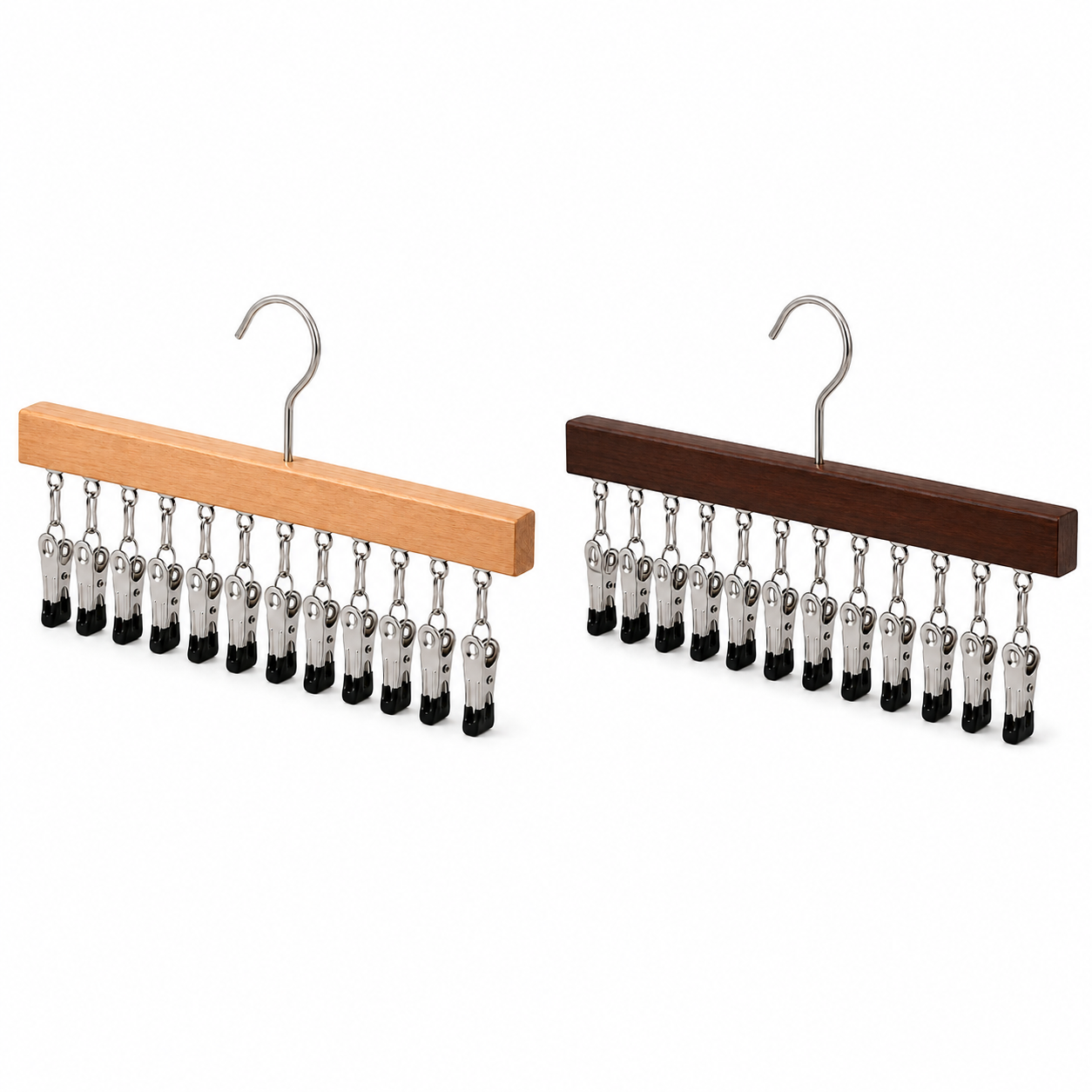 ✅Multi-Purpose Wooden Closet Organizer – 12 Stainless Steel Clips for Hats, Clothes, Pants, Jeans, Leggings, Ties, Scarves, Belts & More, Maximize Closet Space