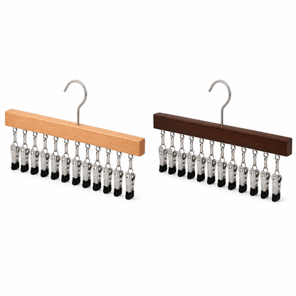 ✅Multi-Purpose Wooden Closet Organizer – 12 Stainless Steel Clips for Hats, Clothes, Pants, Jeans, Leggings, Ties, Scarves, Belts & More, Maximize Closet Space