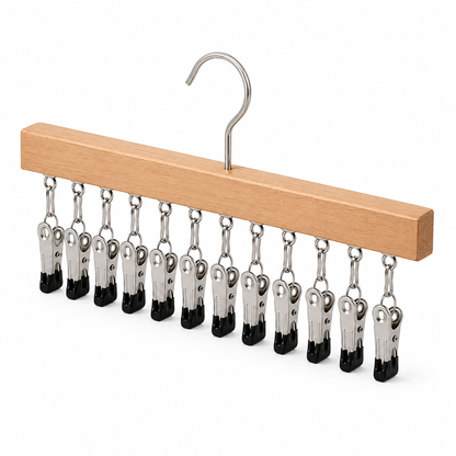 ⏳Last Day 50% OFF⏳-- ✅Multi-Purpose Wooden Closet Organizer – 12 Stainless Steel Clips for Hats, Clothes, Pants, Jeans, Leggings, Ties, Scarves, Belts & More, Maximize Closet Space