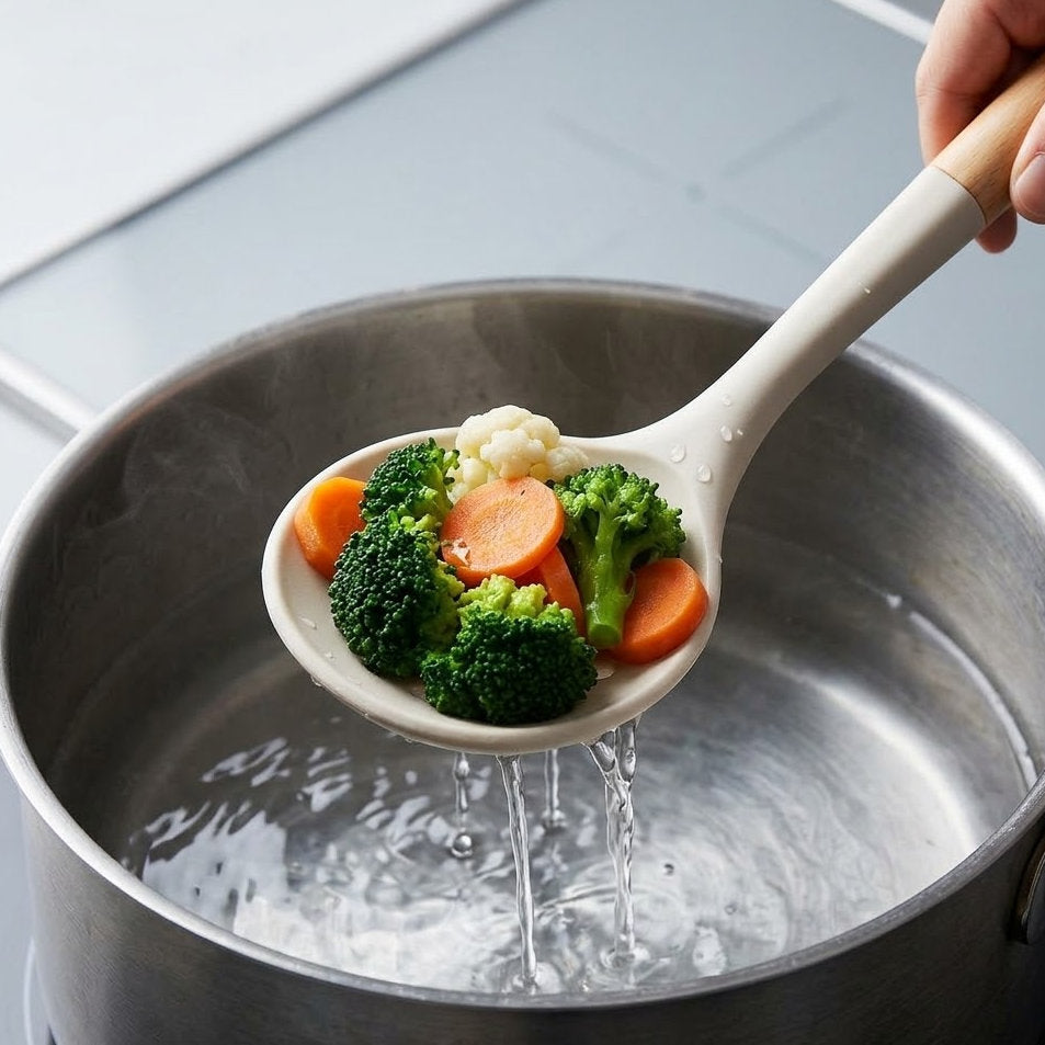 Yummolocosh Long-Handled Kitchen Strainer: Ergonomic Silicone Skimmer for Effortless Draining and Frying