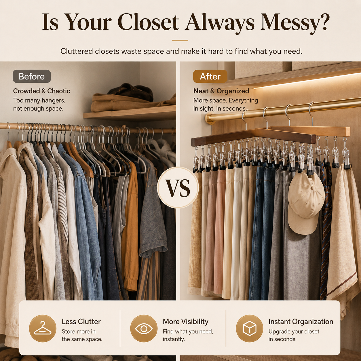 ⏳Last Day 50% OFF⏳-- ✅Multi-Purpose Wooden Closet Organizer – 12 Stainless Steel Clips for Hats, Clothes, Pants, Jeans, Leggings, Ties, Scarves, Belts & More, Maximize Closet Space