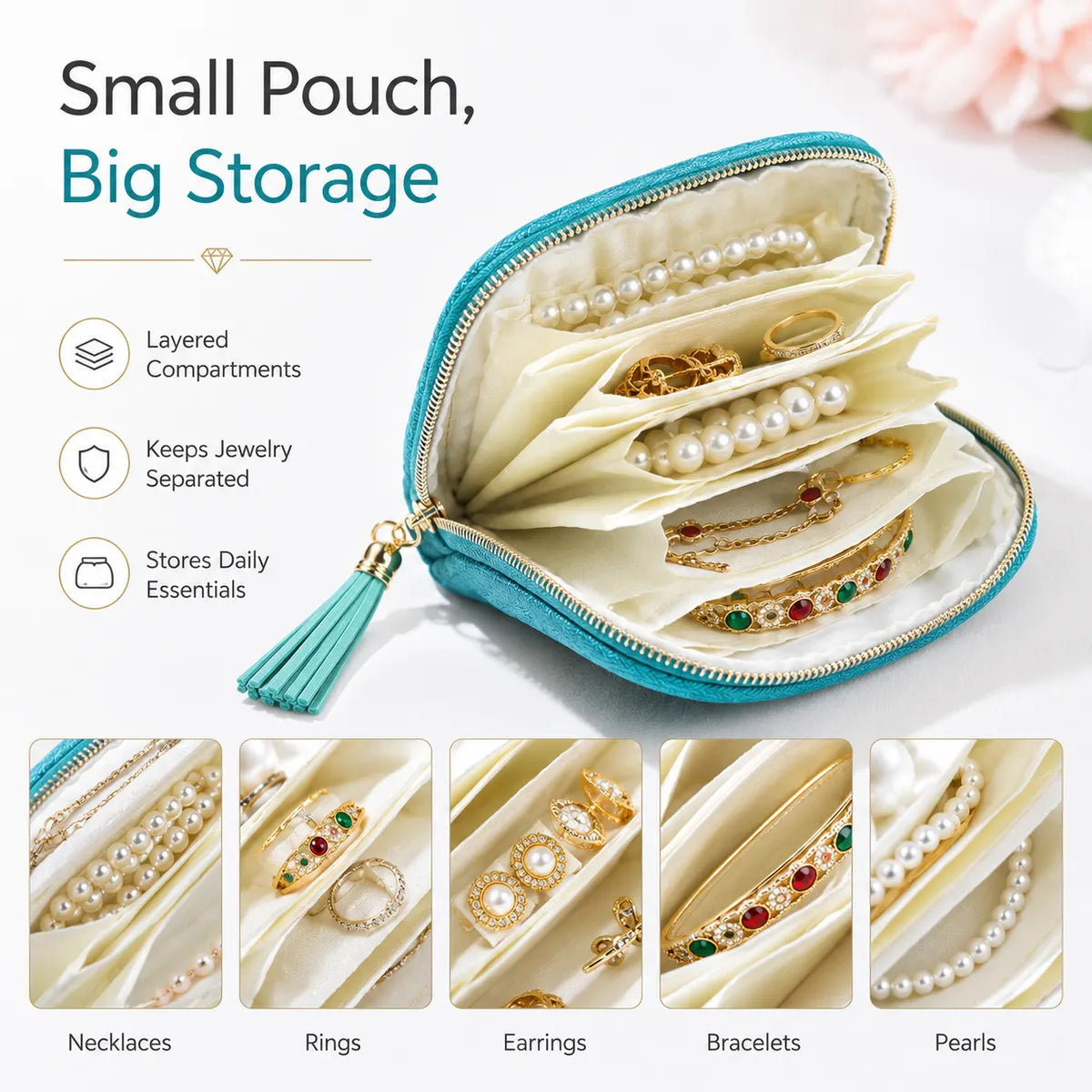 🔥Final 3 Hours: Buy More Save More - Jewelry Zippered Pocket Case Travel Jewelry Bag Portable Organizer with Satin 5 Divided Compartments, Tassel Zipper, Modern Dustproof Durable Home Organizer, Ideal Gift for Her, Jewelry Boxes