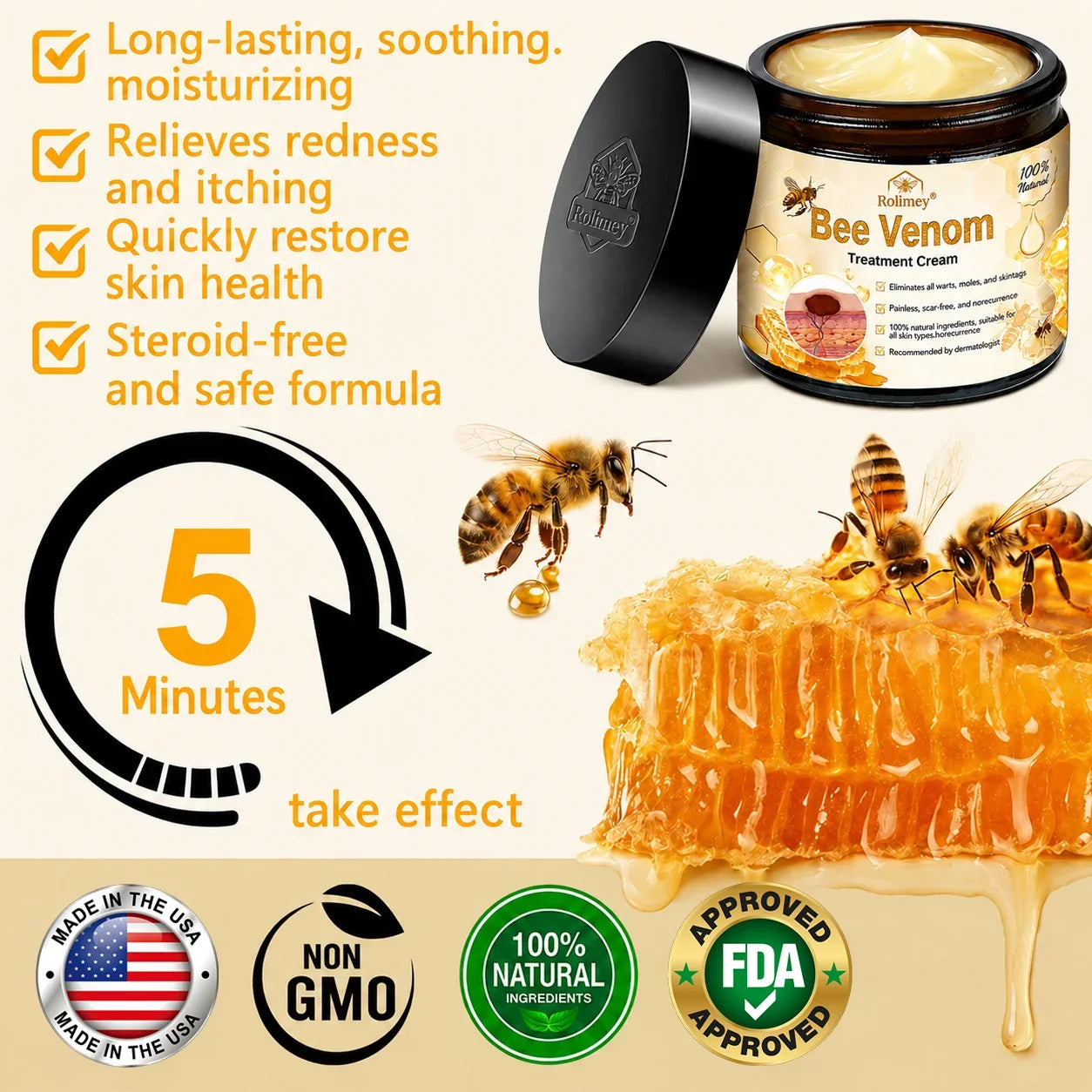 🔥Rolimey® Bee Venom Skin Treatment Cream - (Helping with acne, wart, rosacea, psoriasis, age spots, eczema, and reducing the appearance of stretch marks)
