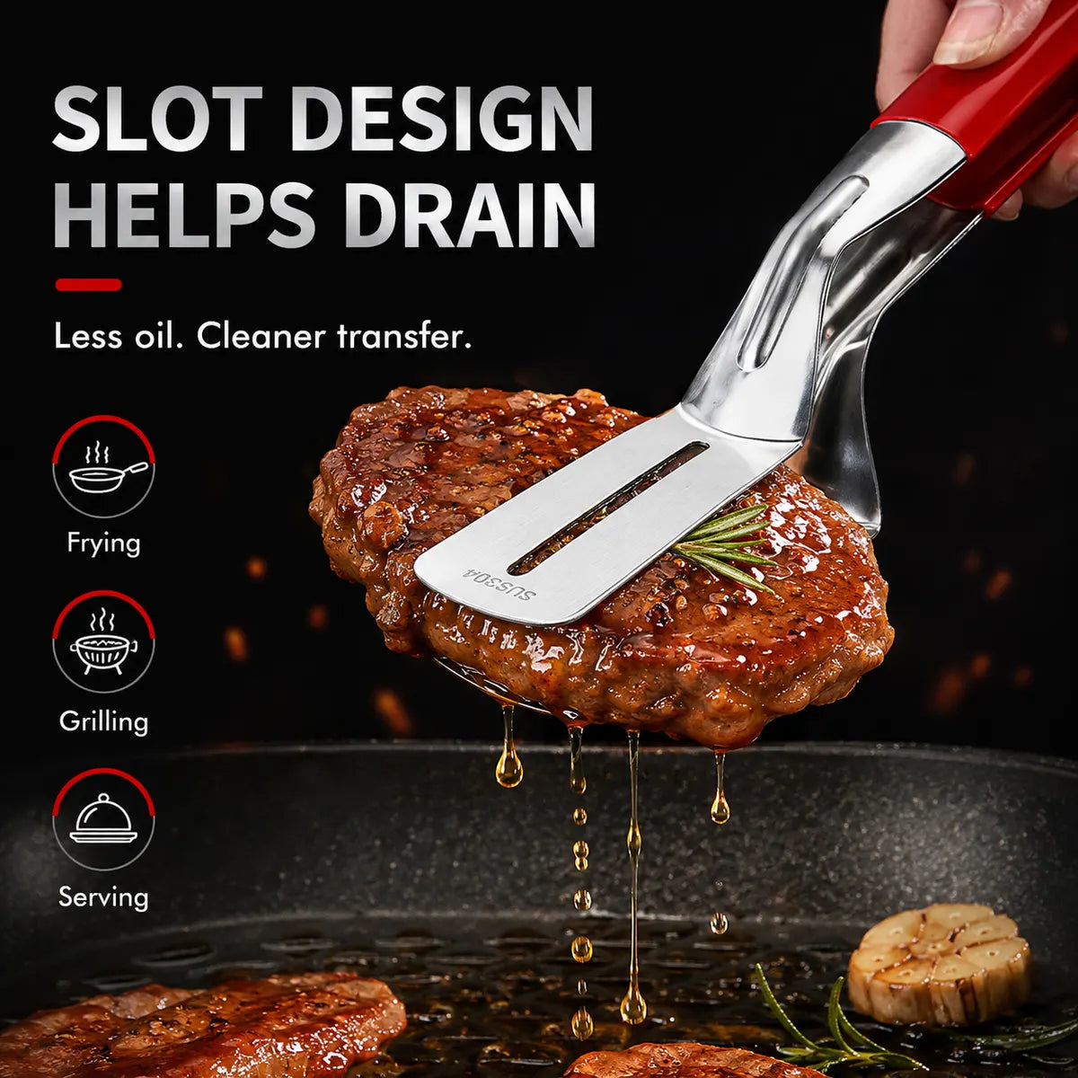 Multi-Functional Stainless Steel Steak Spatula Clamp, Kitchen Cooking Tongs for Fried Steak, Grill & Frying Pan Use