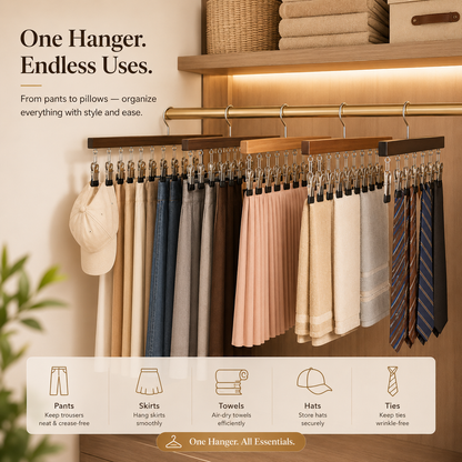 ⏳Last Day 50% OFF⏳-- ✅Multi-Purpose Wooden Closet Organizer – 12 Stainless Steel Clips for Hats, Clothes, Pants, Jeans, Leggings, Ties, Scarves, Belts & More, Maximize Closet Space