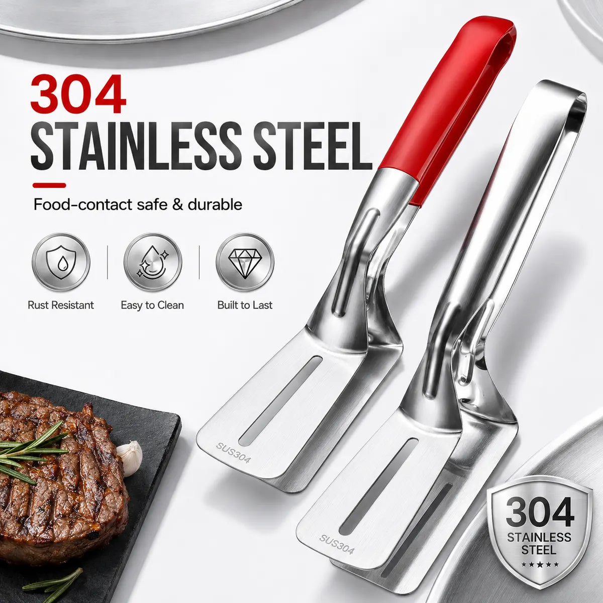 Multi-Functional Stainless Steel Steak Spatula Clamp, Kitchen Cooking Tongs for Fried Steak, Grill & Frying Pan Use