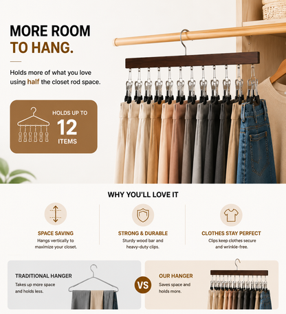 ⏳Last Day 50% OFF⏳-- ✅Multi-Purpose Wooden Closet Organizer – 12 Stainless Steel Clips for Hats, Clothes, Pants, Jeans, Leggings, Ties, Scarves, Belts & More, Maximize Closet Space