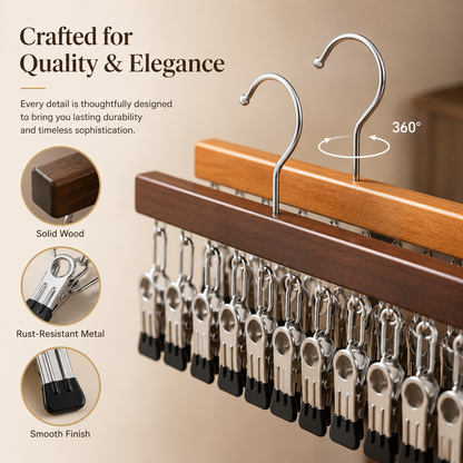 ⏳Last Day 50% OFF⏳-- ✅Multi-Purpose Wooden Closet Organizer – 12 Stainless Steel Clips for Hats, Clothes, Pants, Jeans, Leggings, Ties, Scarves, Belts & More, Maximize Closet Space