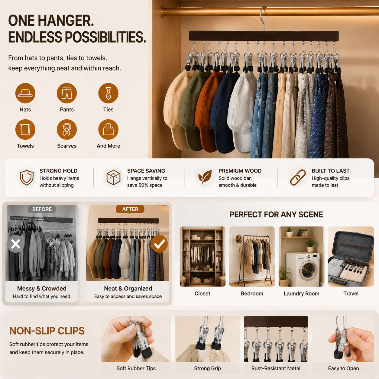 ⏳Last Day 50% OFF⏳-- ✅Multi-Purpose Wooden Closet Organizer – 12 Stainless Steel Clips for Hats, Clothes, Pants, Jeans, Leggings, Ties, Scarves, Belts & More, Maximize Closet Space
