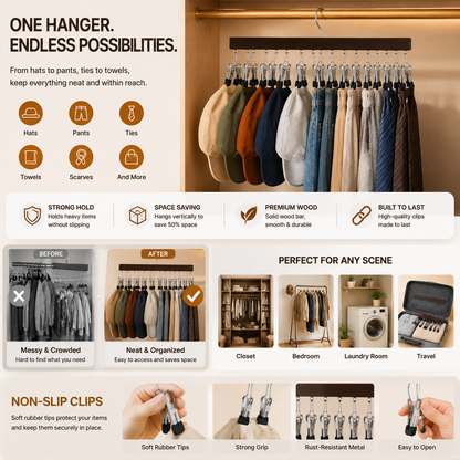 ⏳Last Day 50% OFF⏳-- ✅Multi-Purpose Wooden Closet Organizer – 12 Stainless Steel Clips for Hats, Clothes, Pants, Jeans, Leggings, Ties, Scarves, Belts & More, Maximize Closet Space