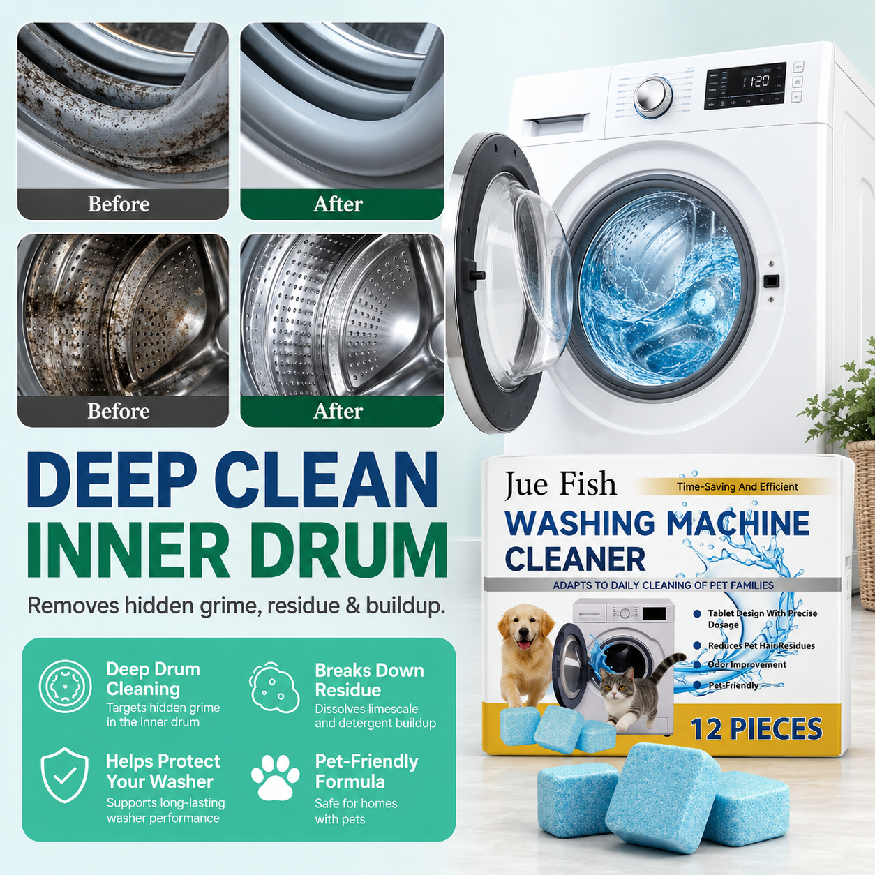 🔥Last Day 50% OFF🔥- Washing Machine Cleaner Tablets 12 pack pet safe eco friendly cleaning tablets neutralizes pet related odors deep cleans grime keeps washing machine fresh easy to use