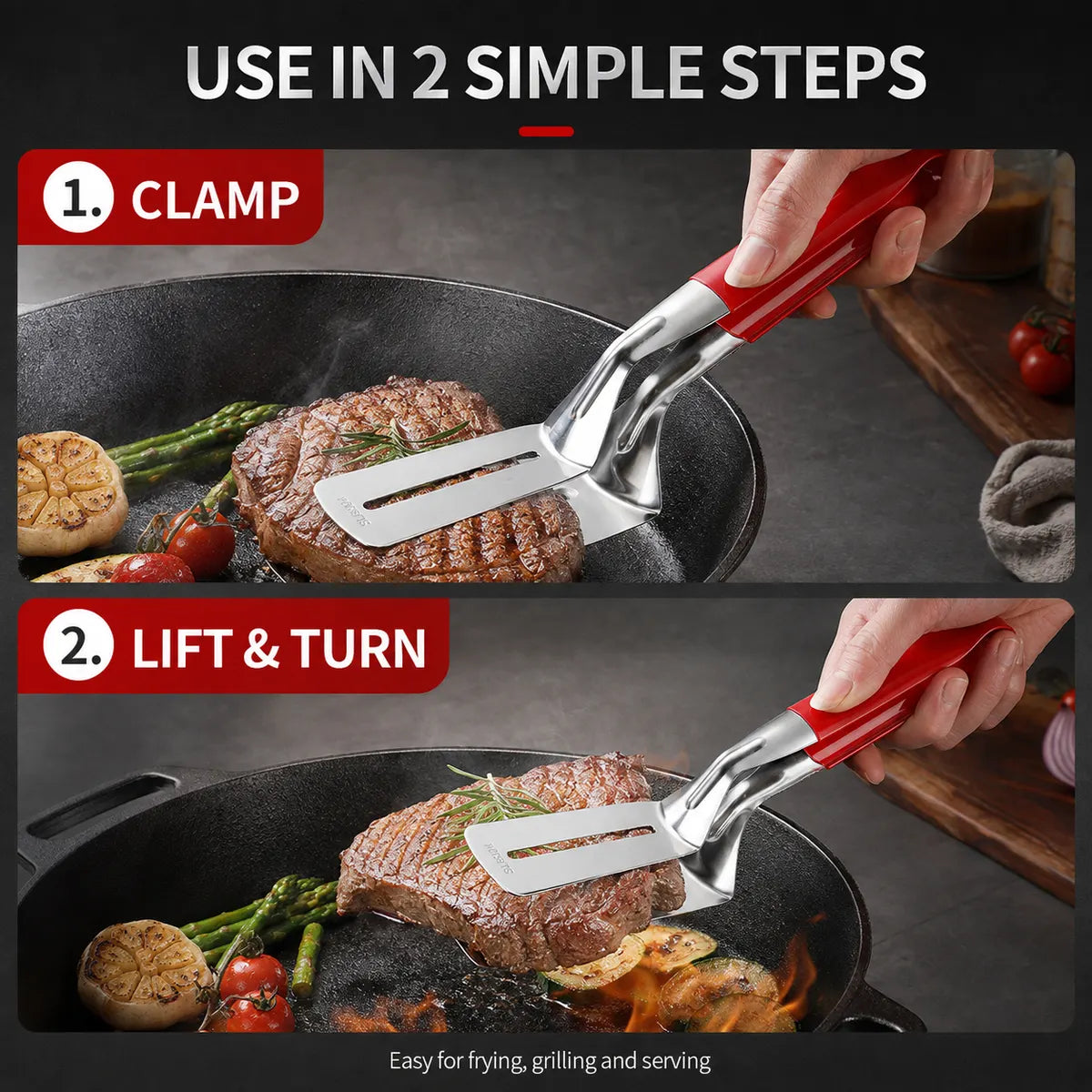 Multi-Functional Stainless Steel Steak Spatula Clamp, Kitchen Cooking Tongs for Fried Steak, Grill & Frying Pan Use