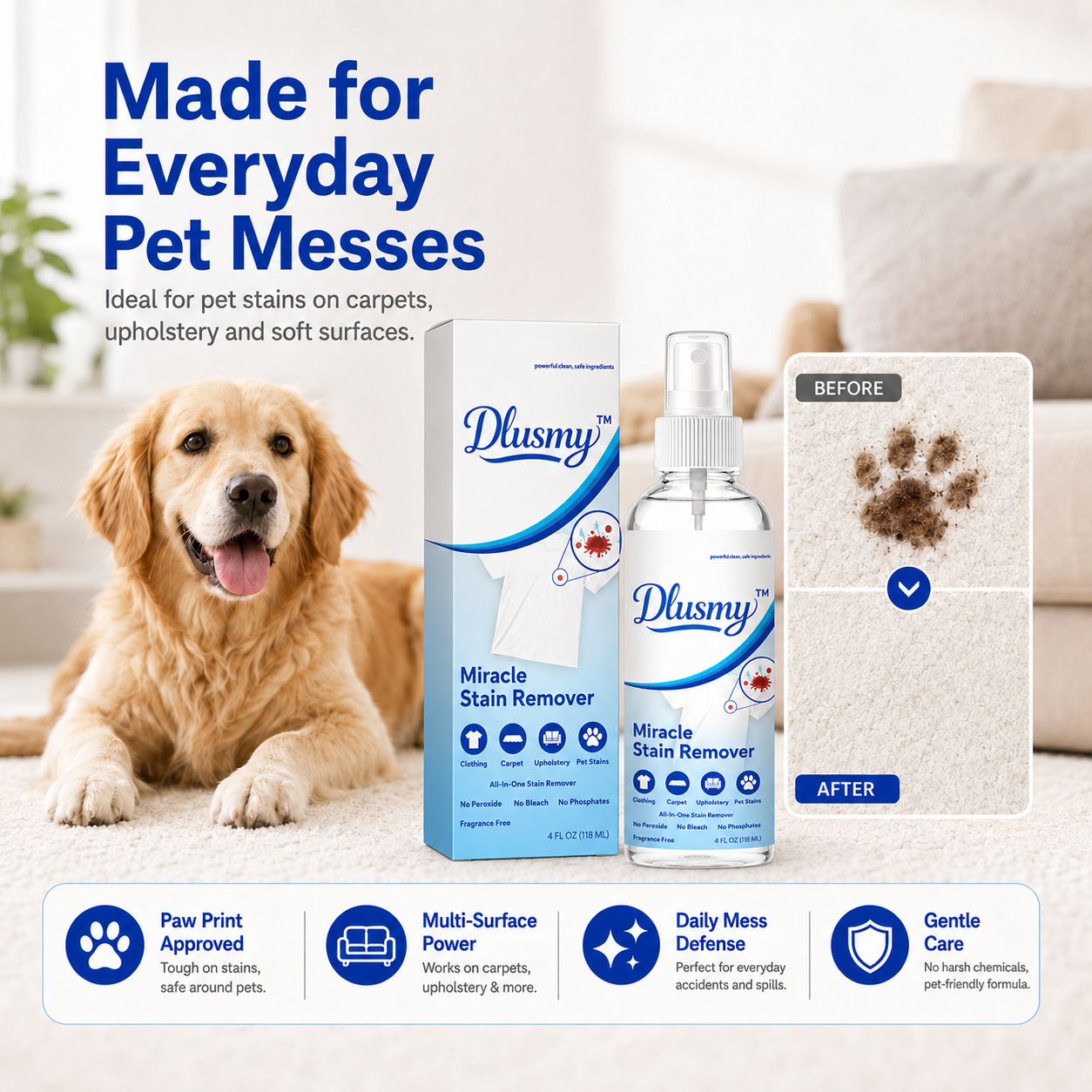 Miracle Stain Remover Spray-multi-purpose stain remover spray for clothing, carpets, upholstery and everyday pet messes—tough on stains while remaining gentle on fabrics.