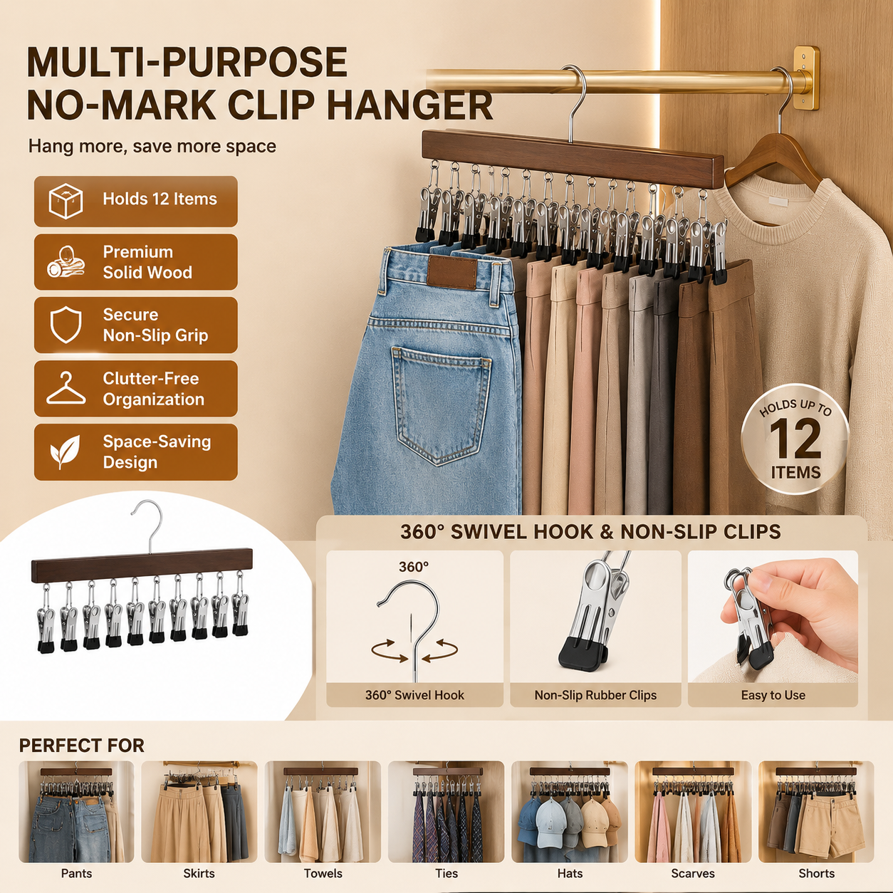 ⏳Last Day 50% OFF⏳-- ✅Multi-Purpose Wooden Closet Organizer – 12 Stainless Steel Clips for Hats, Clothes, Pants, Jeans, Leggings, Ties, Scarves, Belts & More, Maximize Closet Space